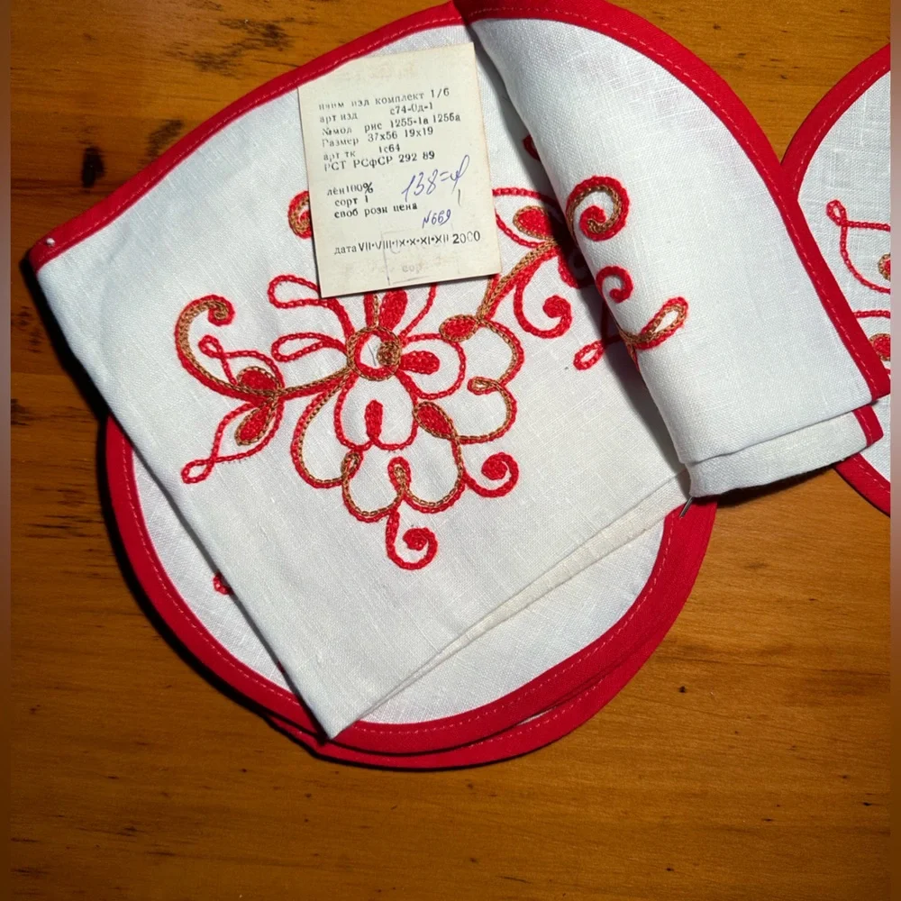 Y2K Traditional Russian Embroidered Linen Centerpiece With 6 Round Napkins ~NWT